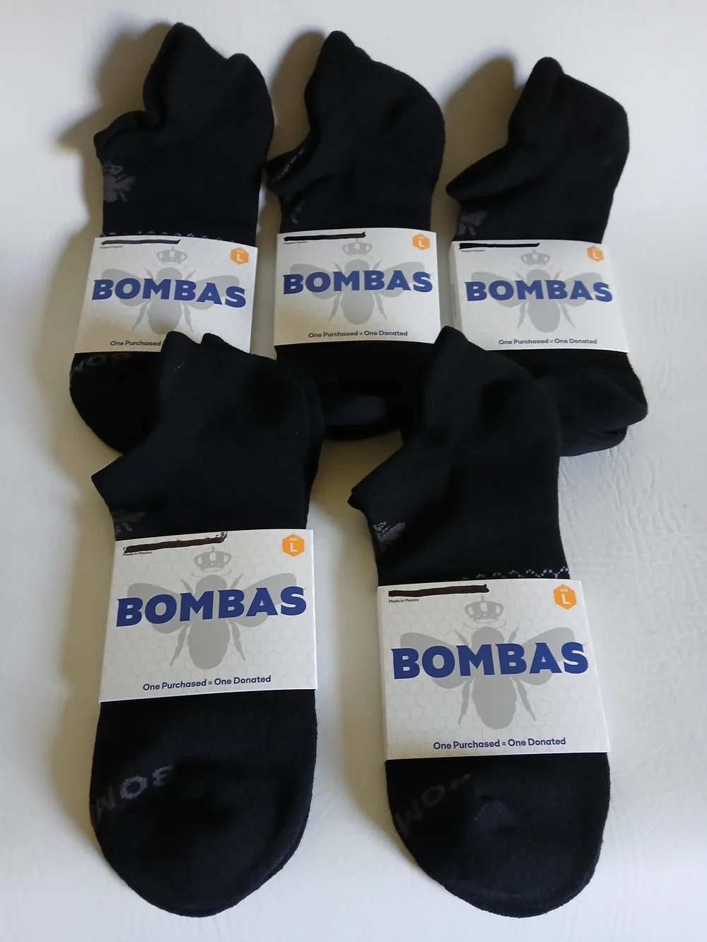Bombas Unisex Black Ankle Length  Socks - 5 Pack Size Large